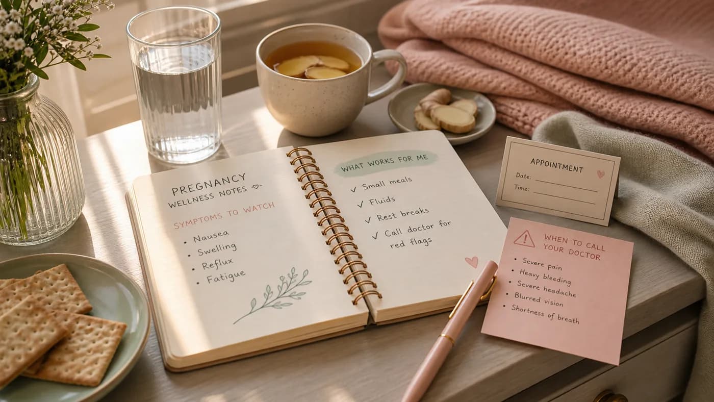 Close-up cinematic pregnancy discomforts health image with water, crackers, ginger tea, soft blanket, appointment card, and notes about nausea, swelling, reflux, fatigue, small meals, fluids, rest breaks, and red flags