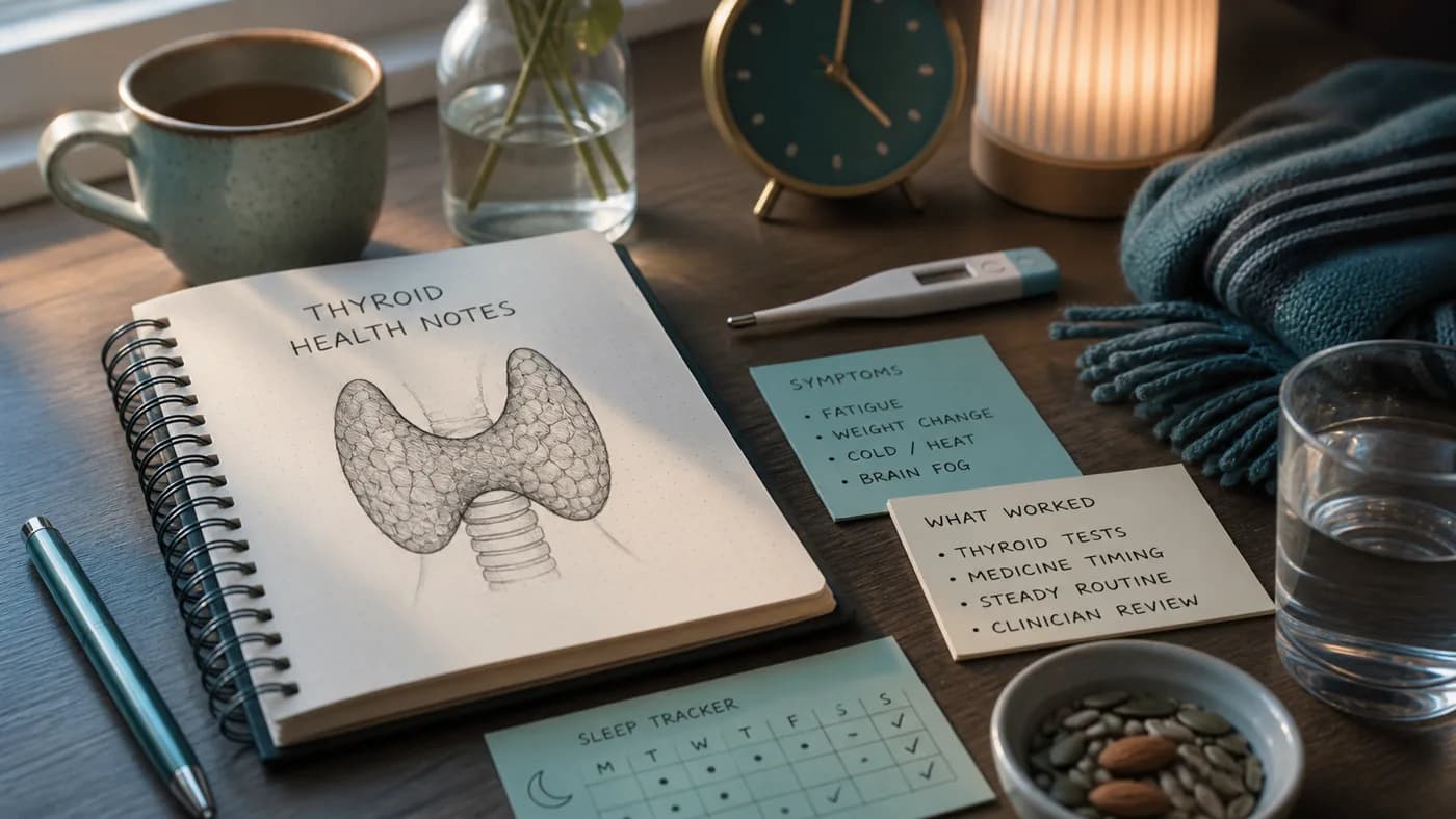 Cinematic thyroid disorder health topic image with thyroid sketch, thermometer, scarf, sleep tracker, testing, fatigue, and medicine timing cues