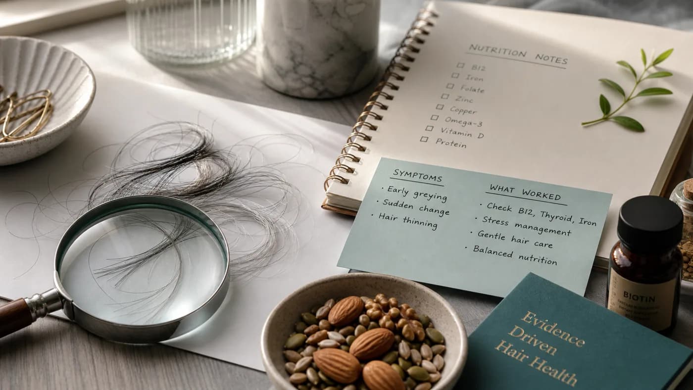 Cinematic white hair health topic image with silver hair strands, magnifying glass, nutrition notes, B12, thyroid, iron, stress, and gentle care cues