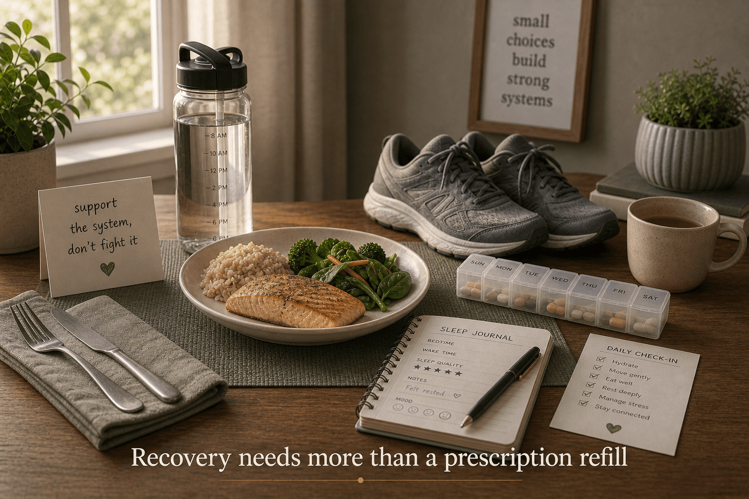 Simple home routine with meal, water bottle, pill organizer, sleep journal, and walking shoes representing recovery beyond prescription refills
