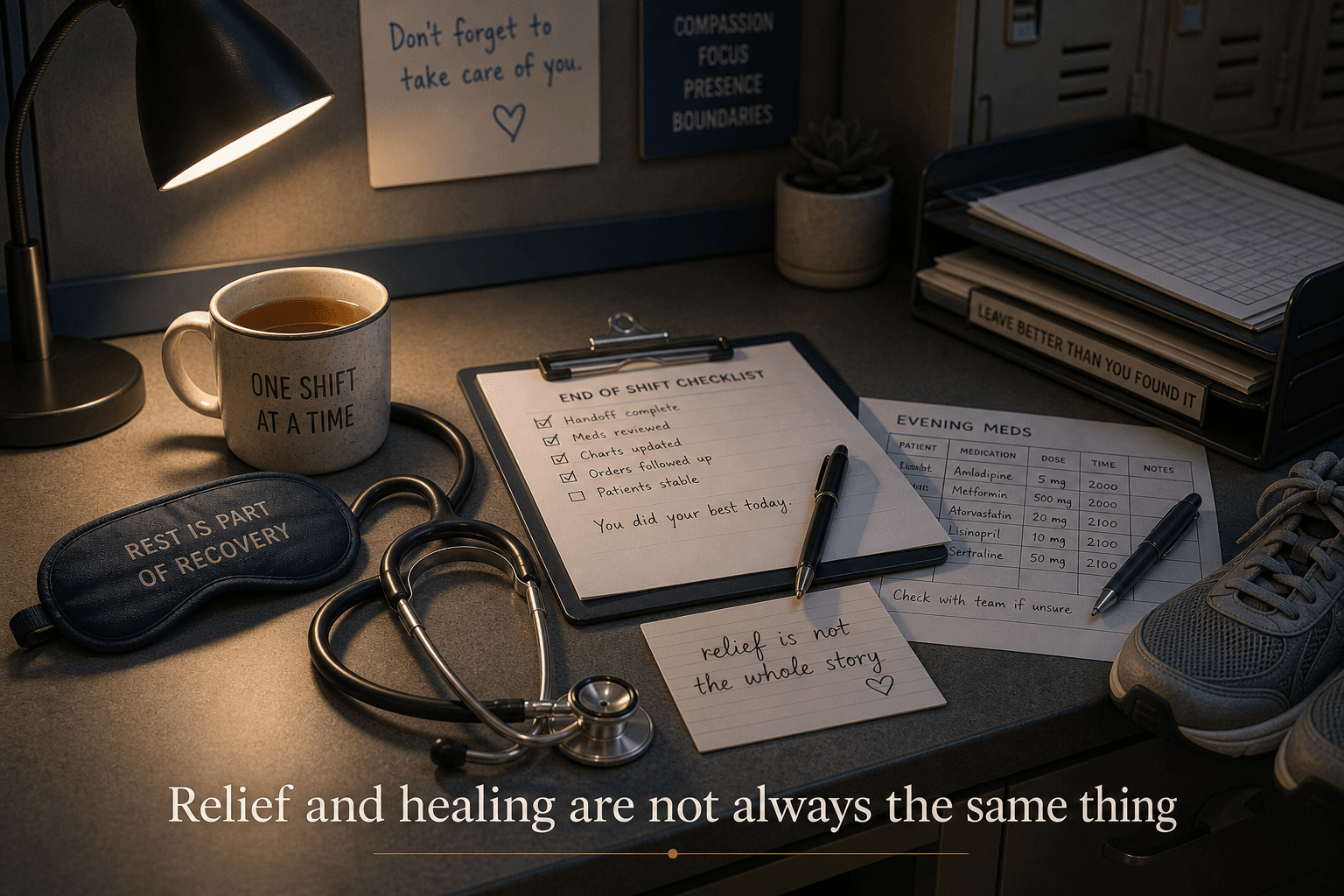 Healthcare workstation with stethoscope, shift checklist, sleep mask, and note about relief not being the whole story