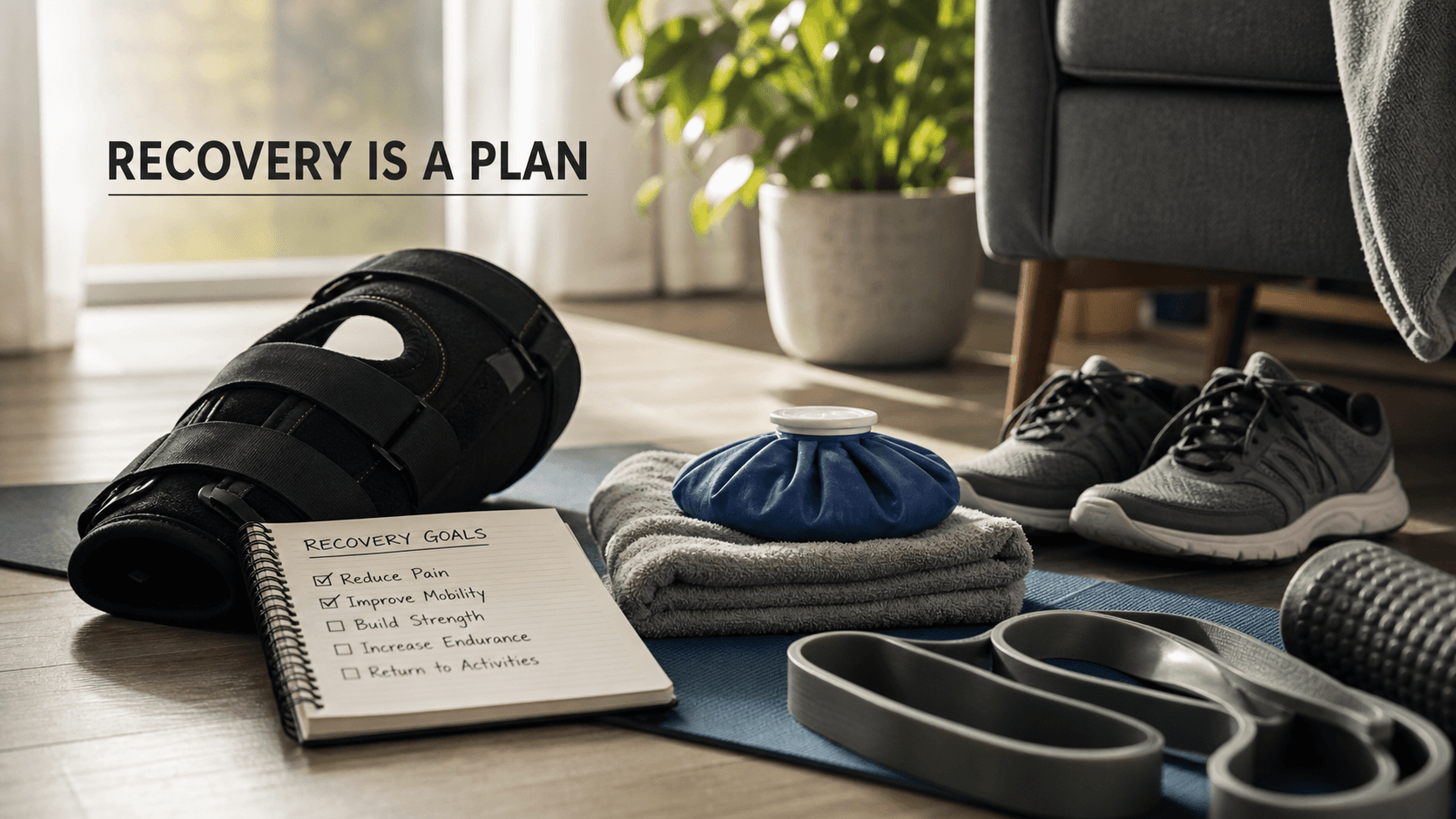 Knee brace, ice pack, resistance band, walking shoes, and recovery notebook representing a practical knee meniscus recovery plan