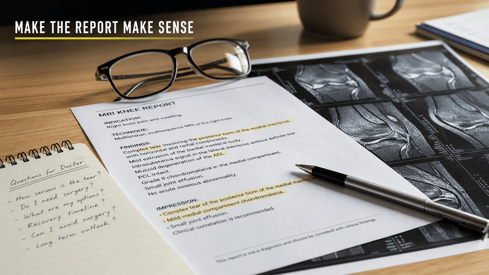Knee MRI images, a printed report, and a notebook of questions representing the need for plain-language explanation after a meniscus tear diagnosis