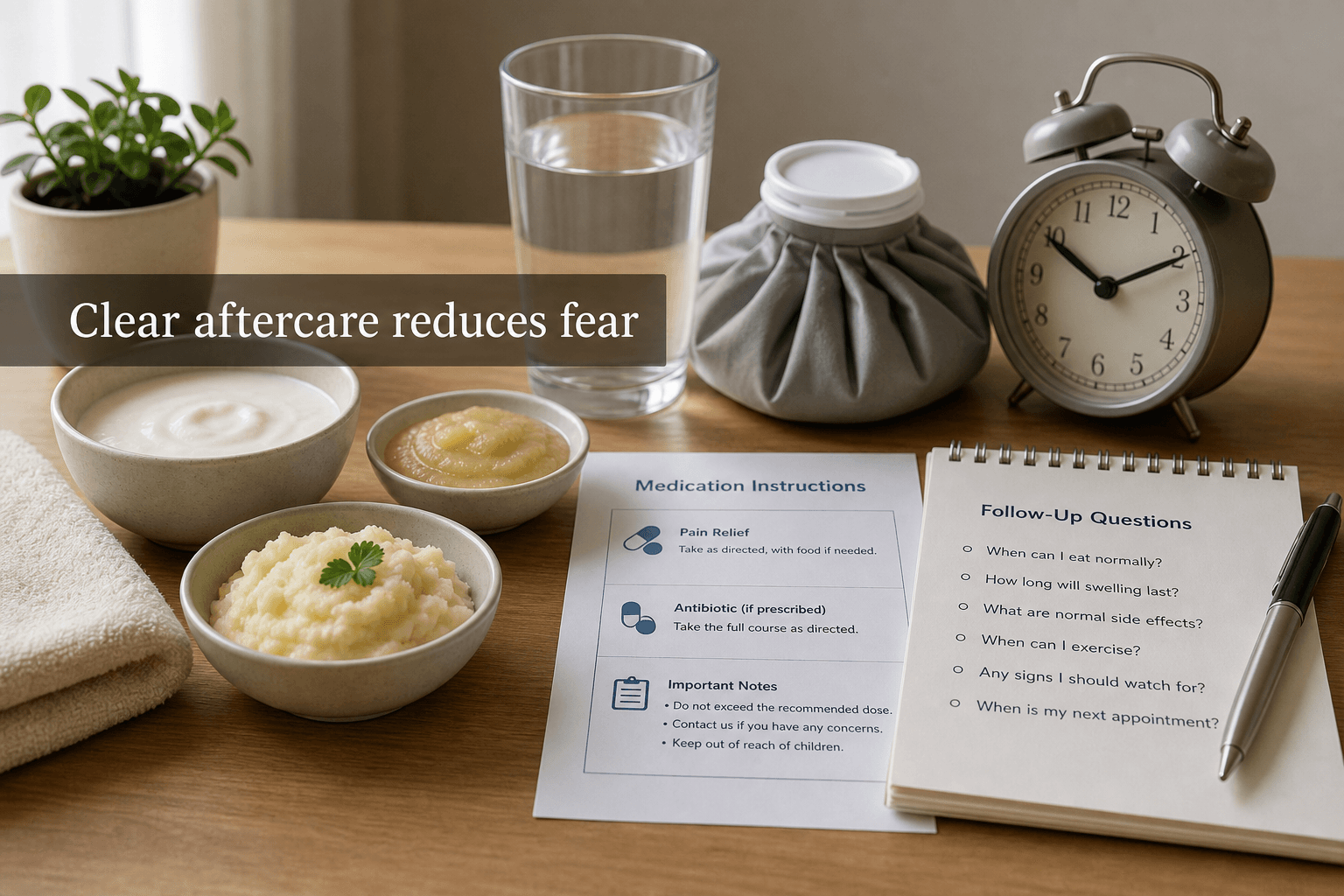 Dental aftercare setup with soft foods, water, ice pack, written instructions, and question list showing that clear aftercare reduces fear
