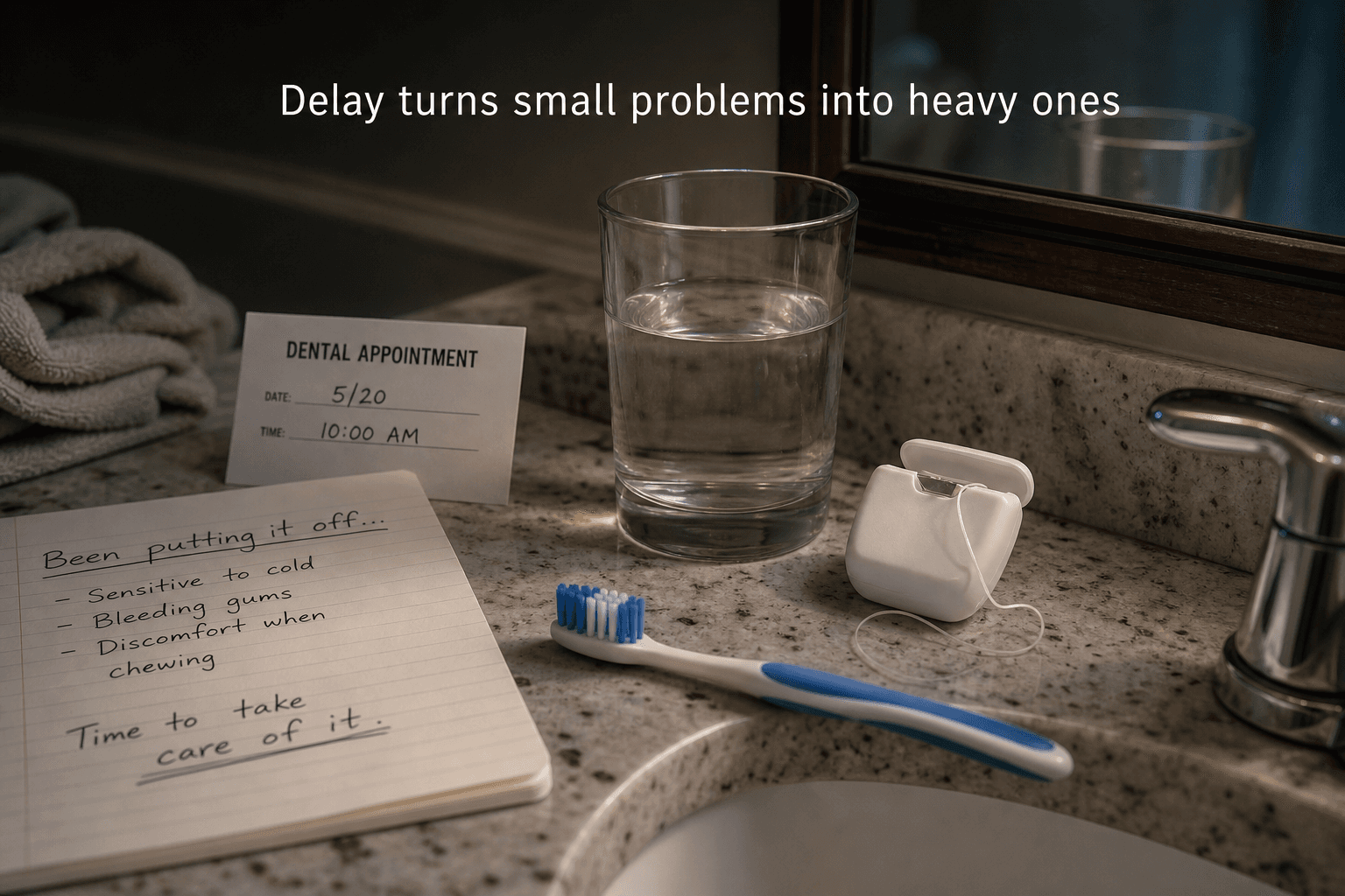 Bathroom sink counter with toothbrush, floss, appointment card, water glass, and note about delay turning small dental problems heavier
