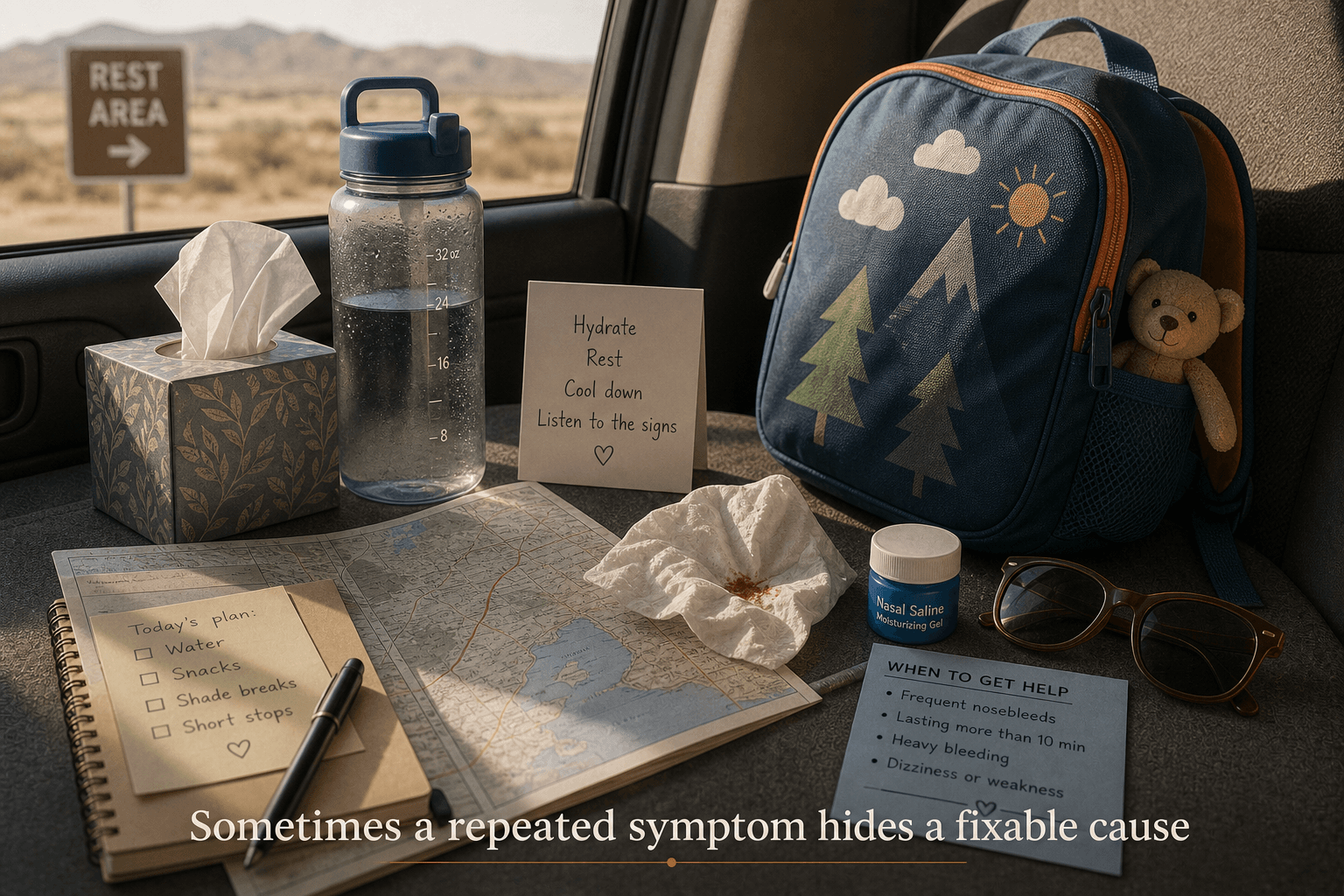 Hot-weather travel scene with tissues, water bottle, child backpack, and bloody tissue showing a repeated symptom that may hide a fixable cause