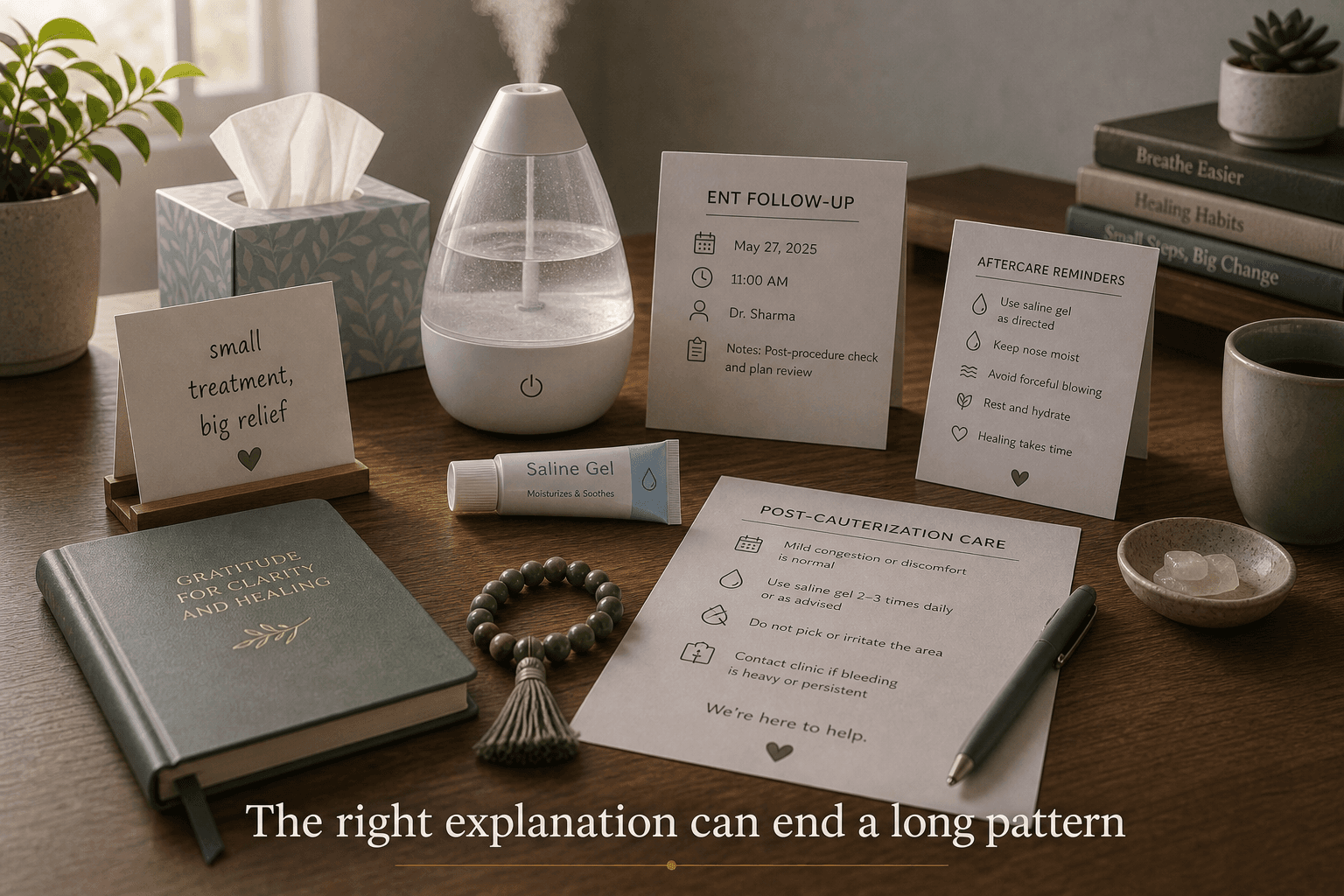 ENT follow-up setup with humidifier, saline gel, and aftercare sheet showing how the right explanation can end a long pattern