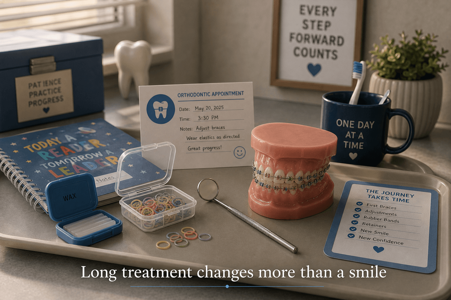 Orthodontic tray with braces model, wax case, elastic bands, and appointment card representing the long emotional and practical arc of treatment