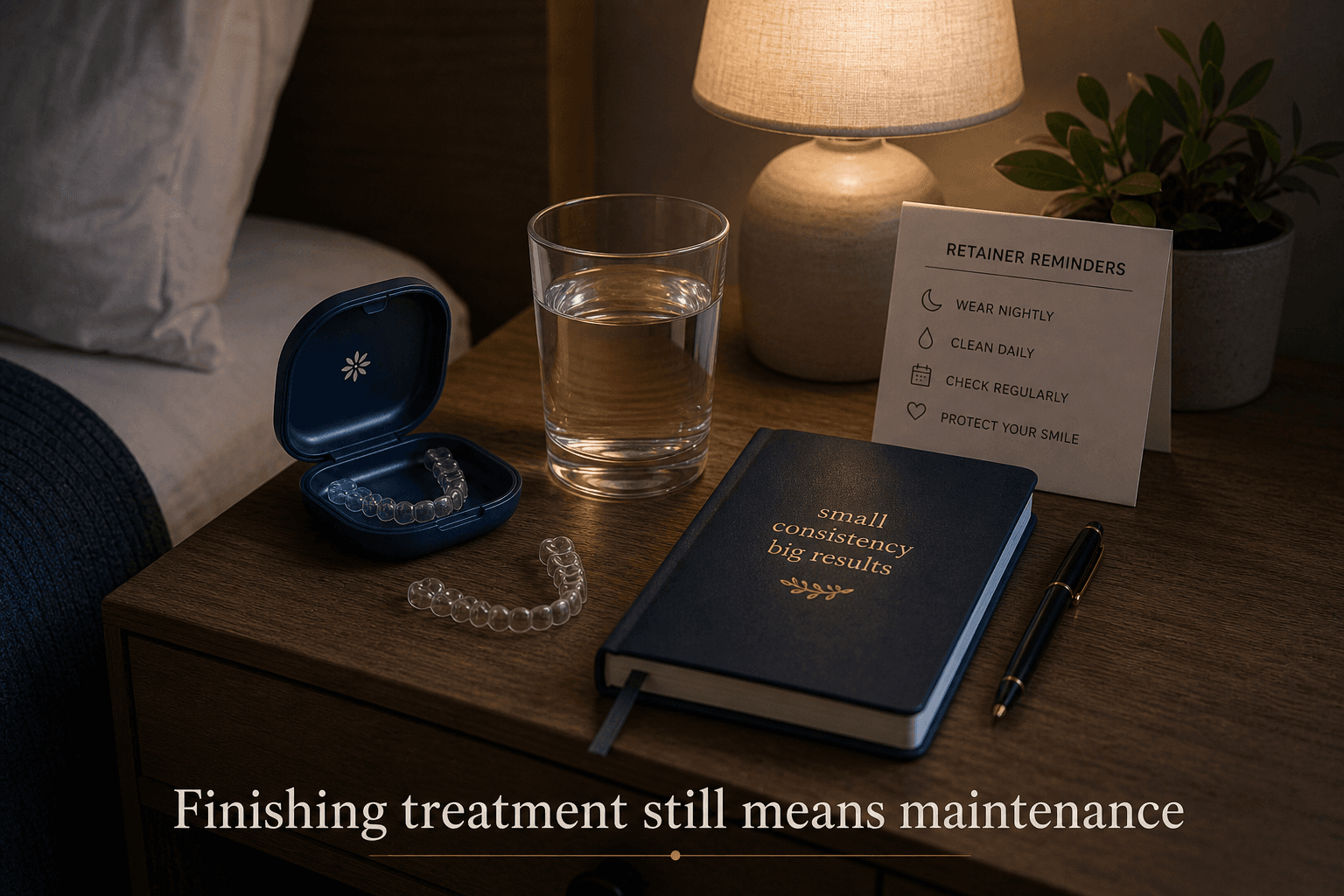 Retainer case, glass of water, and reminder card on a bedside table representing quiet maintenance after braces