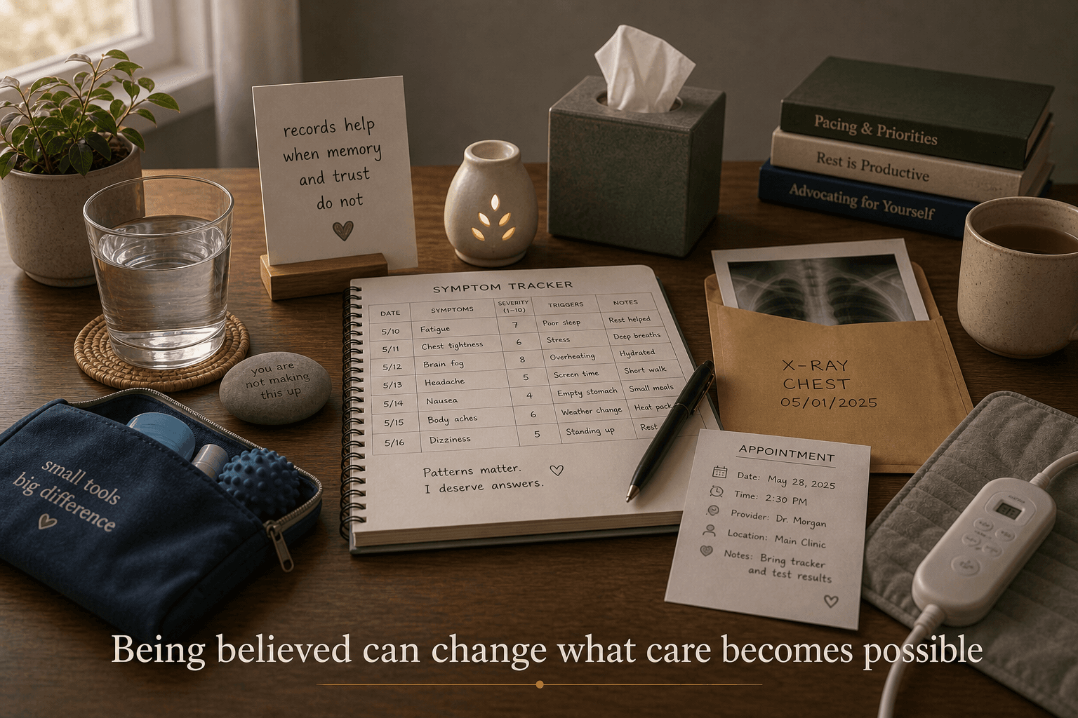 Home desk with symptom tracker, appointment card, x-ray envelope, and note that records help when trust and memory do not