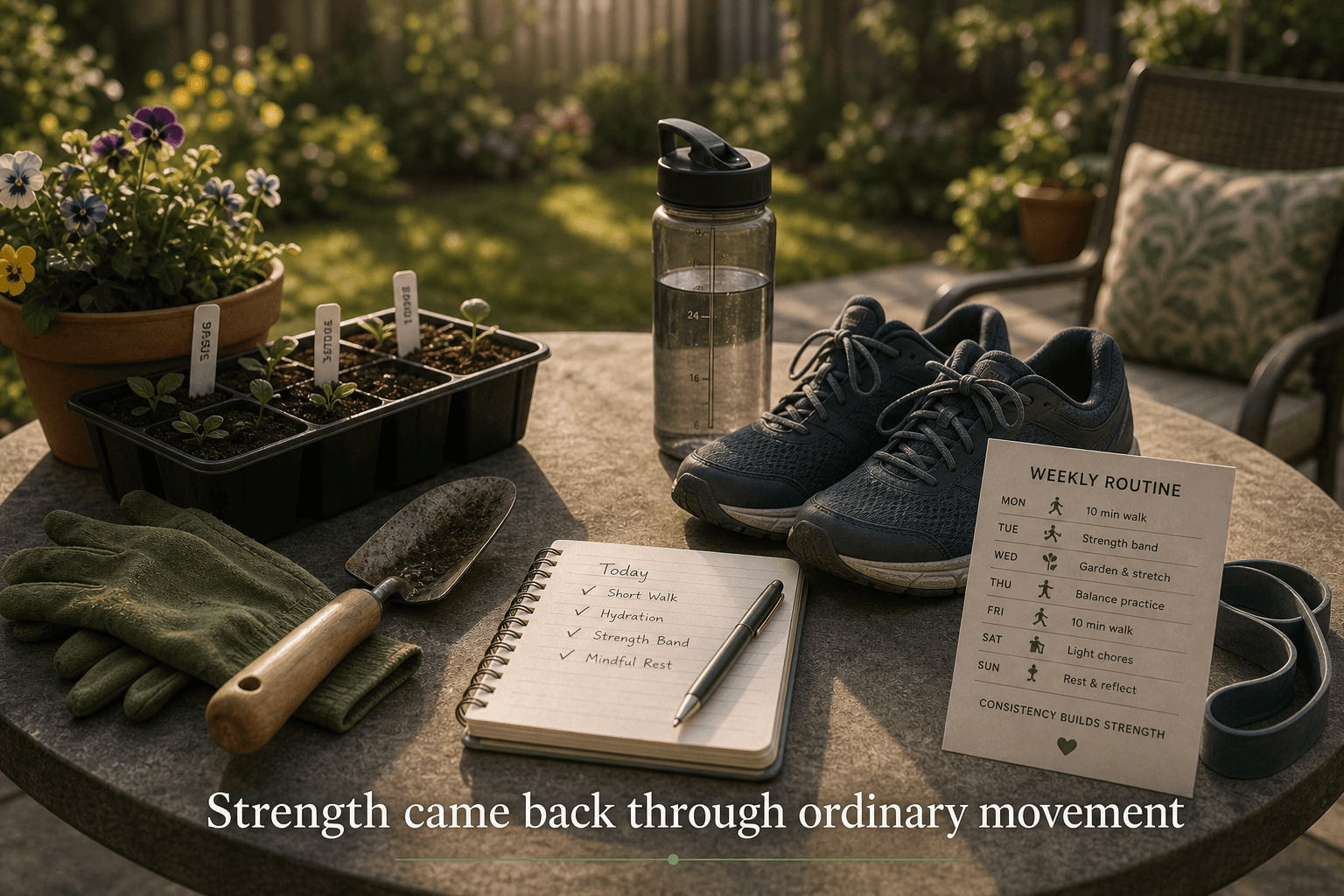 Backyard table with gardening gloves, walking shoes, water bottle, and recovery routine card representing strength returning through ordinary movement