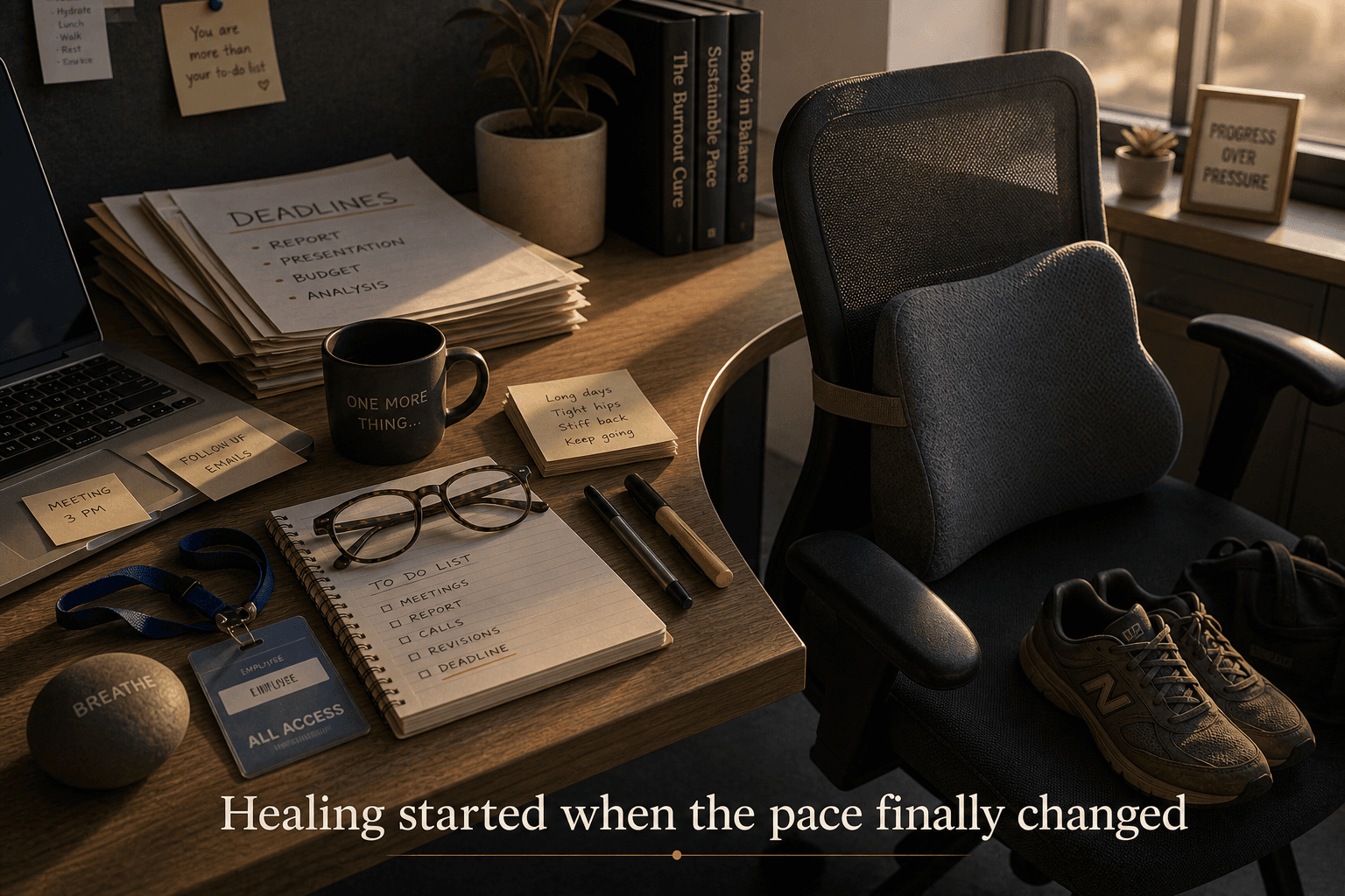 Office desk with lumbar cushion, work badge, deadlines, and walking shoes representing chronic pain during years of overwork