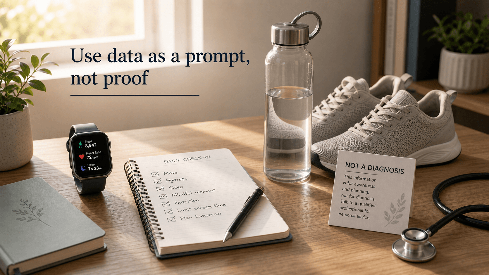 Smartwatch, walking shoes, water bottle, habit checklist, stethoscope, and card saying not a diagnosis, representing wearable data limits