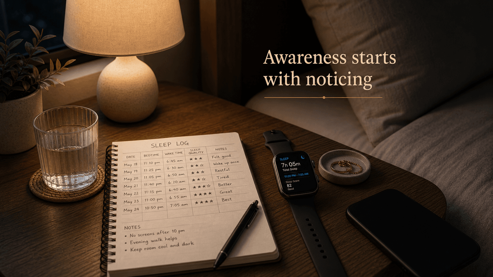Smartwatch, sleep log, lamp, water glass, and phone placed aside representing wearable sleep awareness without phone distraction
