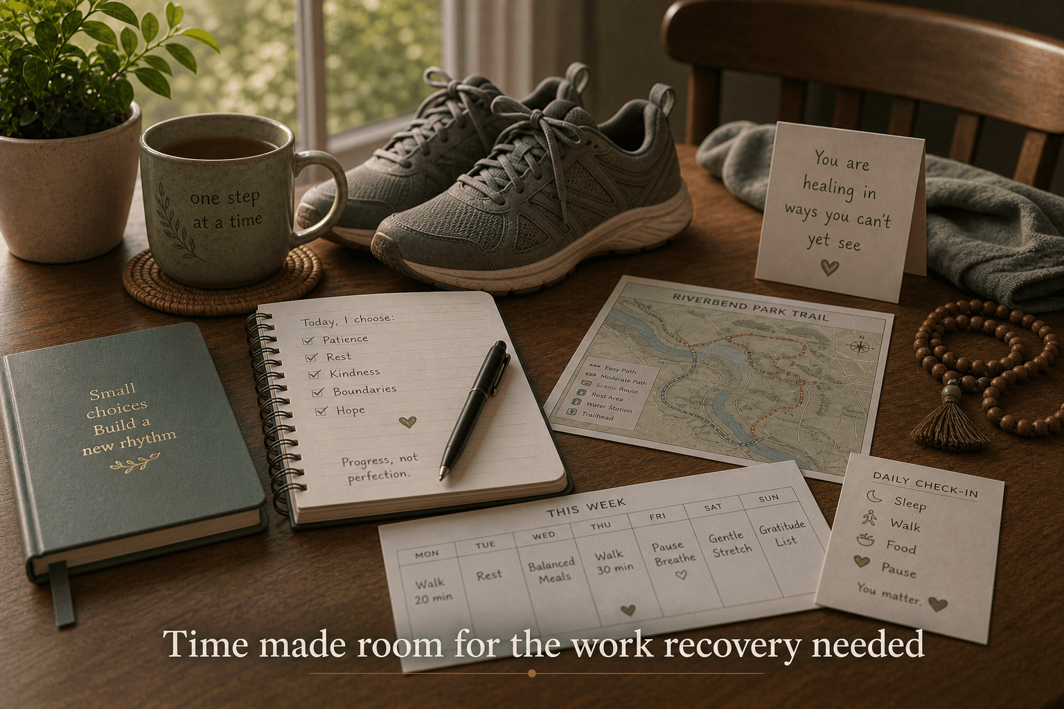 Walking shoes, journal, trail map, and gentle daily checklist representing slow recovery after burnout and chronic pain