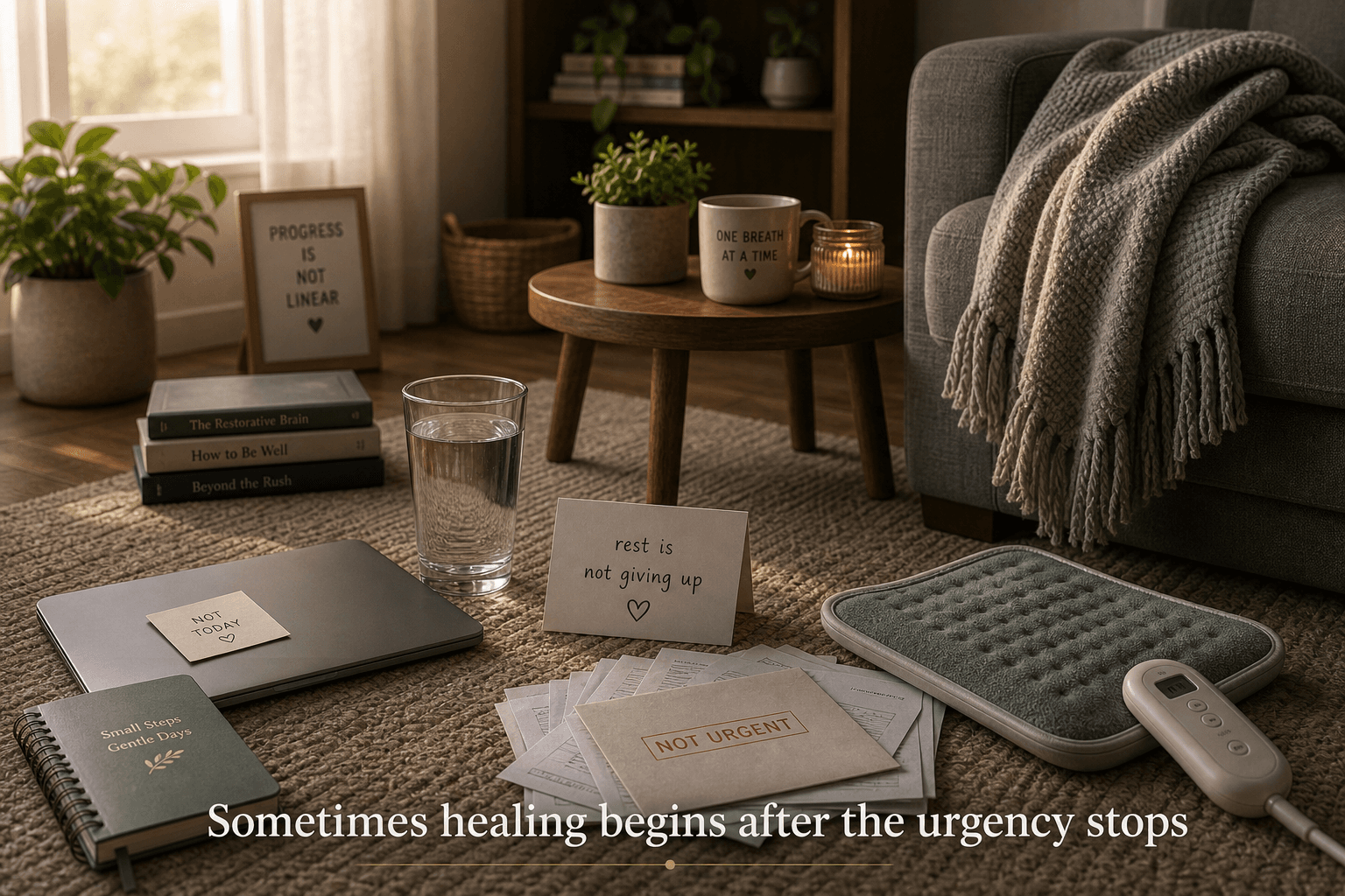 Quiet recovery space with couch, heating pad, water, and note that rest is not giving up