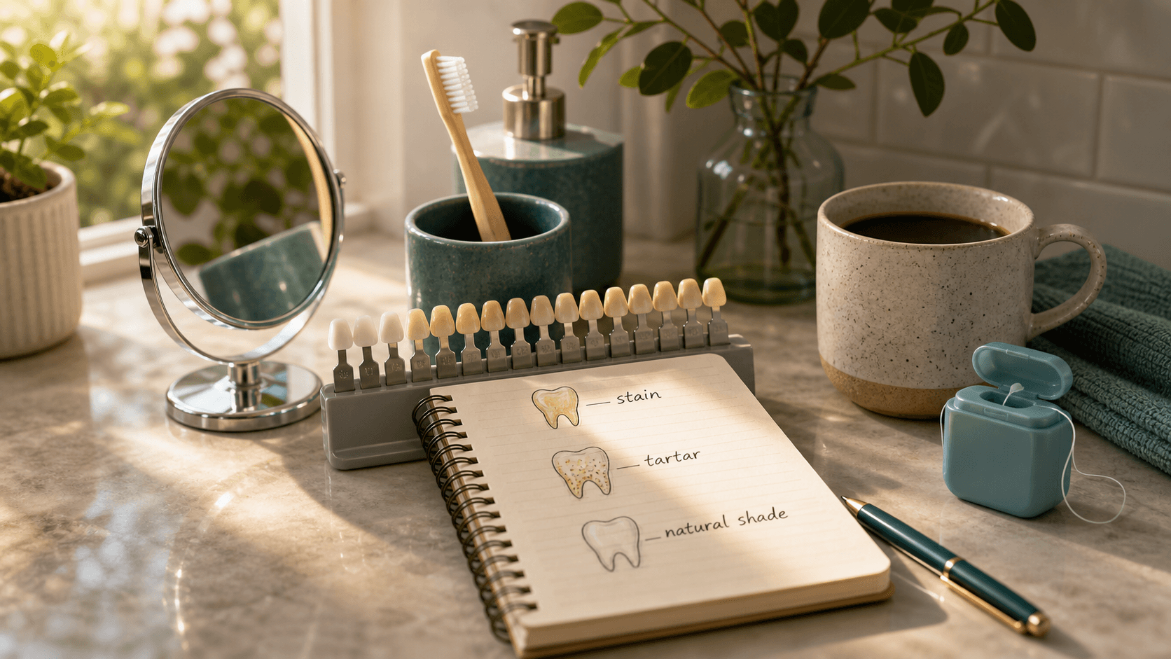 Bathroom counter with dental shade guide, toothbrush, floss, coffee cup, mirror, and notes separating stains, tartar, and natural tooth shade