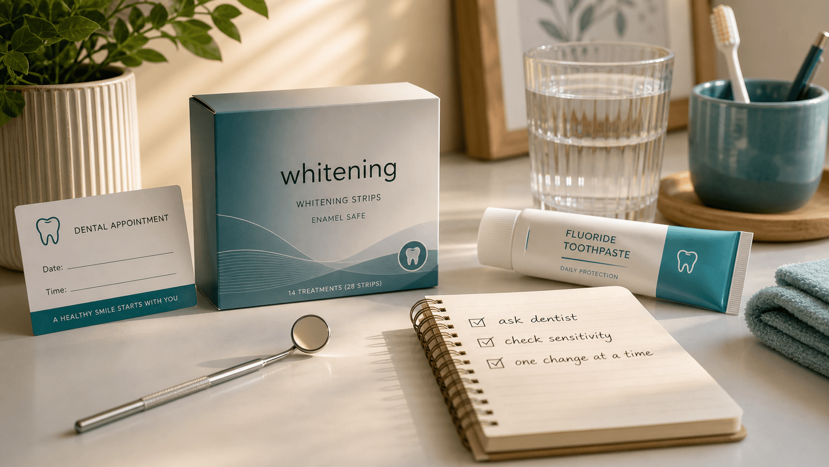 Dental decision setup with appointment card, whitening notes, fluoride toothpaste, water glass, and a checklist about sensitivity and dentist guidance
